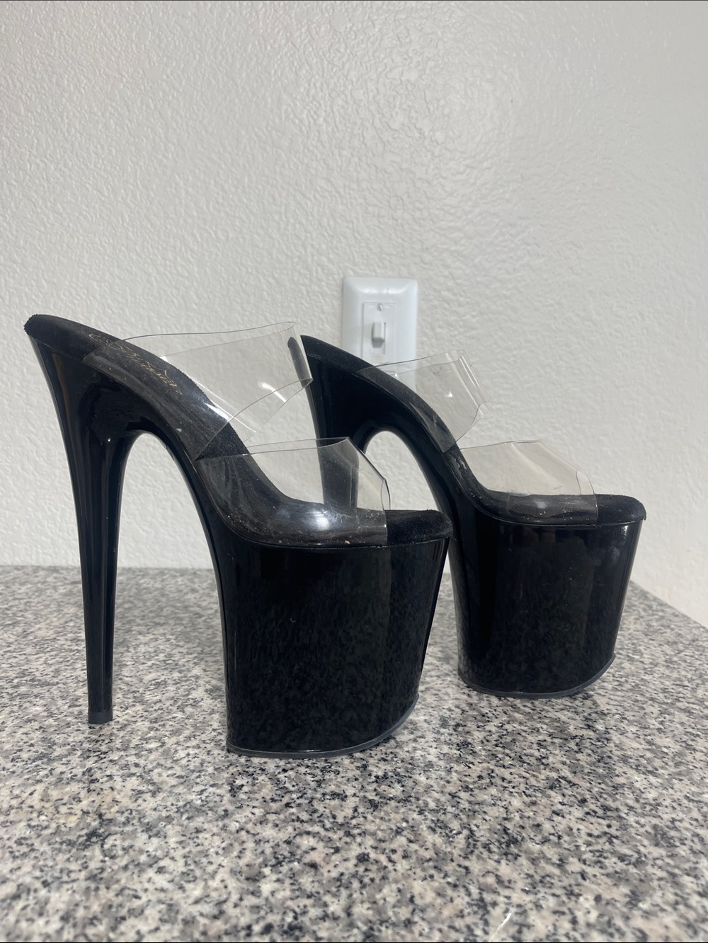 Pleaser Black Platform Heels with Clear Straps